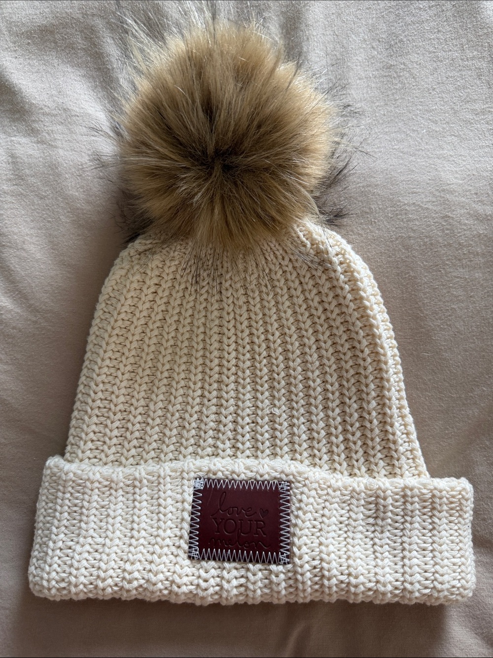 Love Your Melon Cream Knit Beanie with Faux Fur Pom